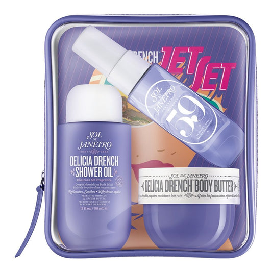 Sol de Janeiro Delicia Drench shower oil and body butter set in a purple case with 'Jet Set' branding.