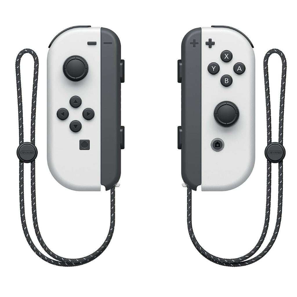 Pair of white gaming controllers with black accents on a white background
