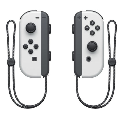 Pair of white gaming controllers with black accents on a white background