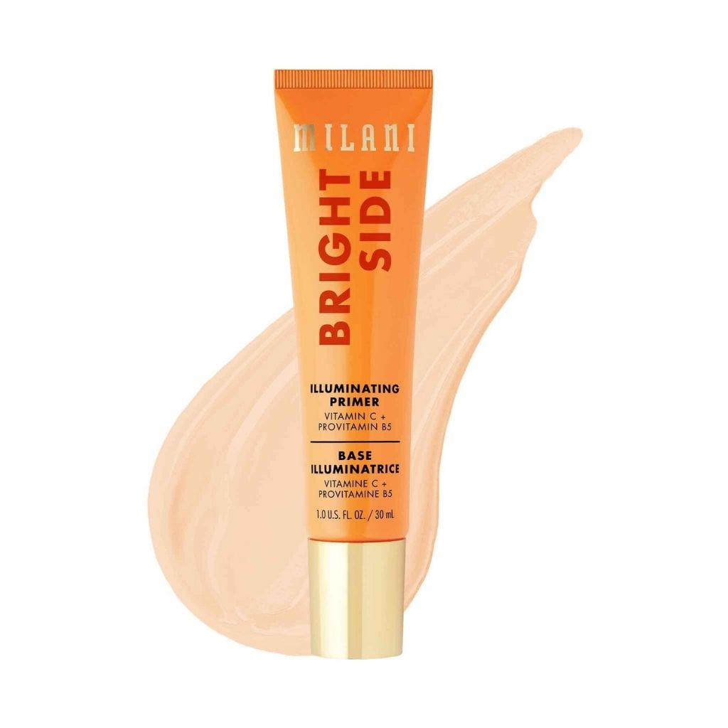 Milani Bright Side illuminating primer tube with a swatch on a white background