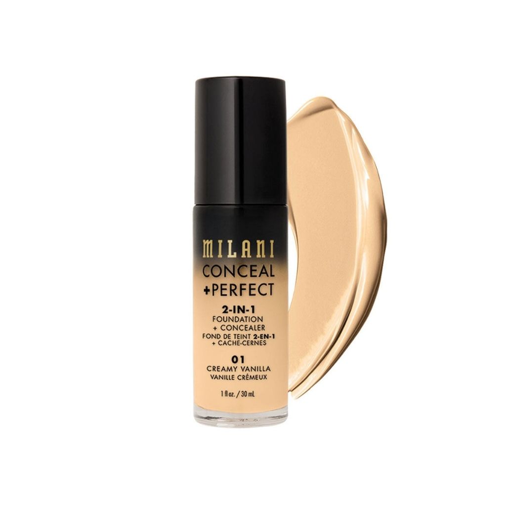 Milani Conceal + Perfect 2-in-1 foundation bottle with a swatch on a white background