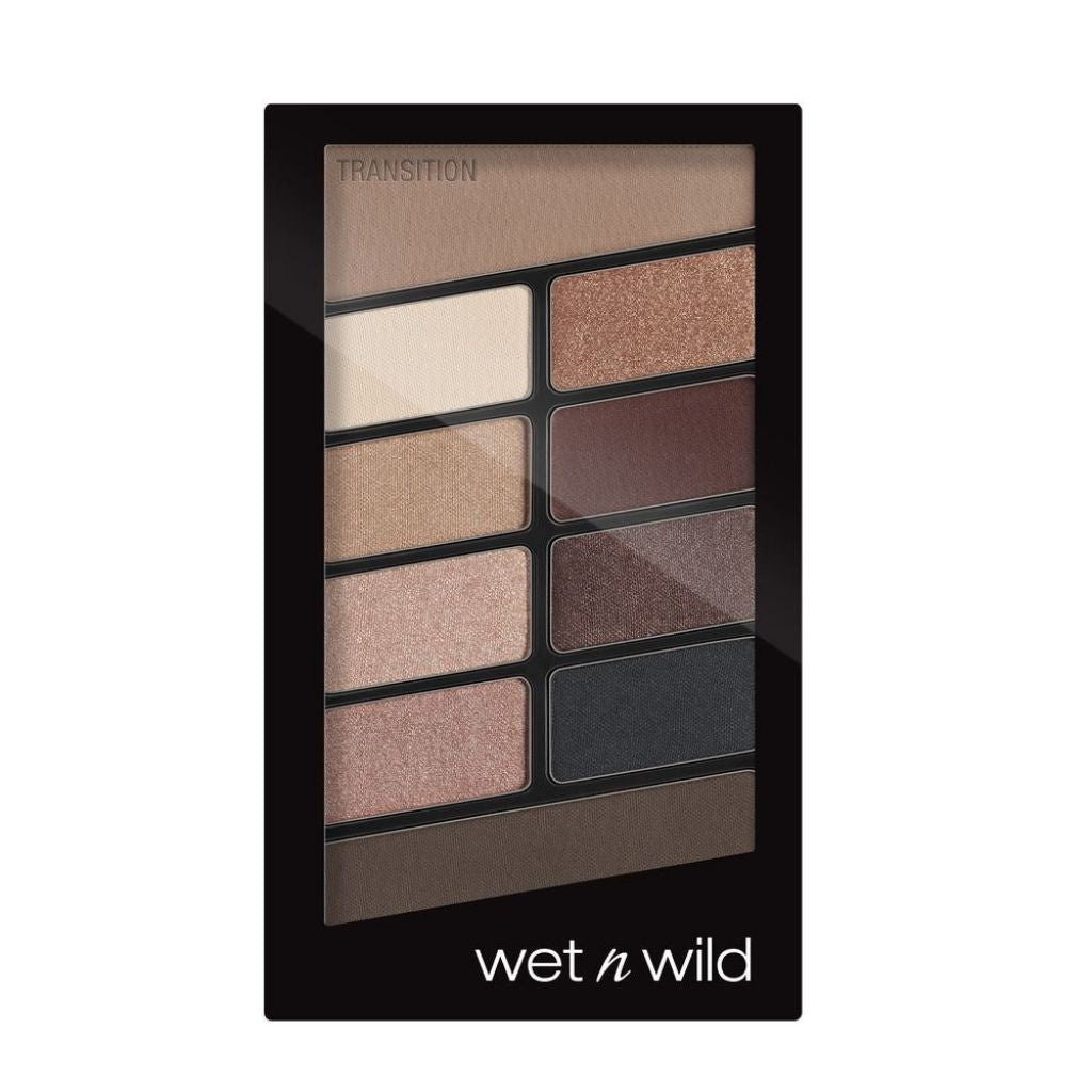 Wet n Wild makeup palette with nine color swatches on a white background