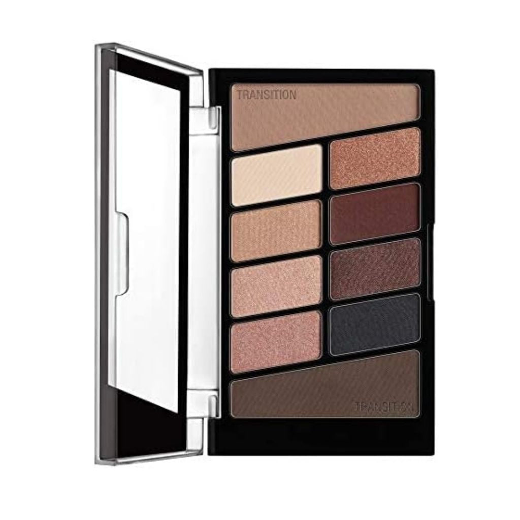 Makeup palette with brown and beige shades on a white background