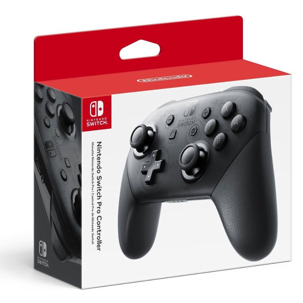 Nintendo Switch Pro Controller packaging with red top and clear sides