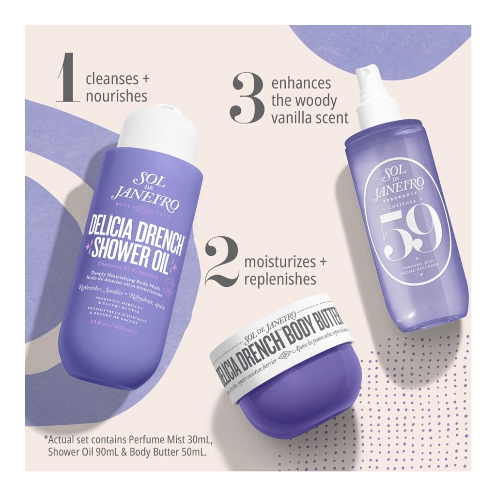 Sol de Janeiro skincare products including shower oil, body butter, and perfume mist on a light background.