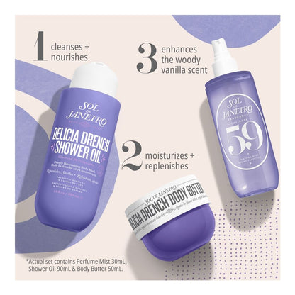 Sol de Janeiro skincare products including shower oil, body butter, and perfume mist on a light background.