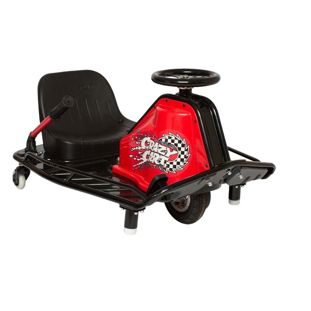 Children's pedal car with black seat and red front panel on a white background