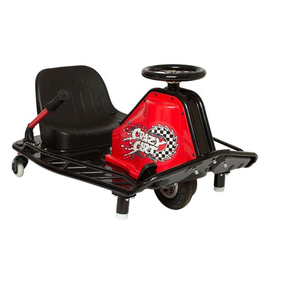 Children's pedal car with black seat and red front panel on a white background
