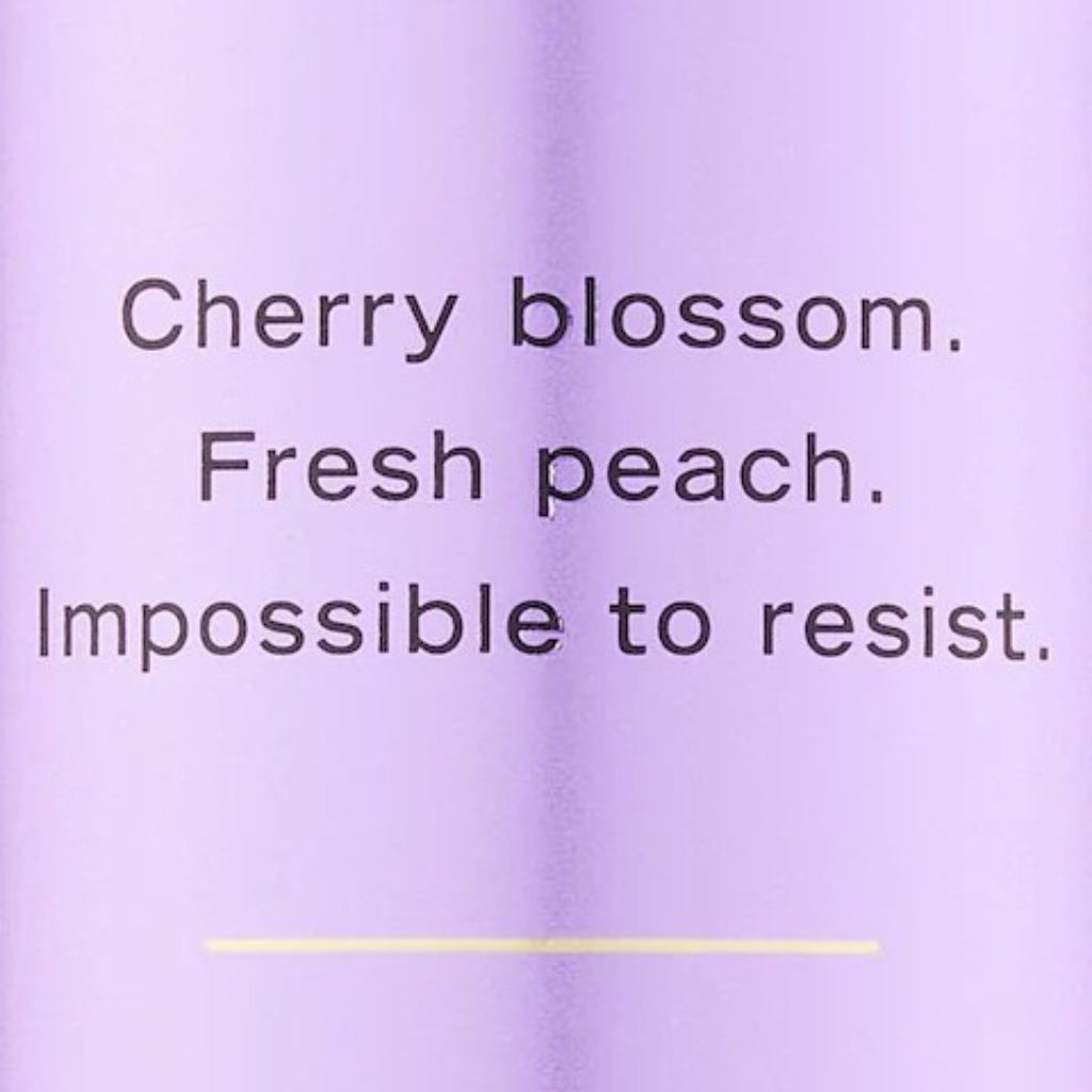 Text on a purple background with 'Cherry blossom. Fresh peach. Impossible to resist.'