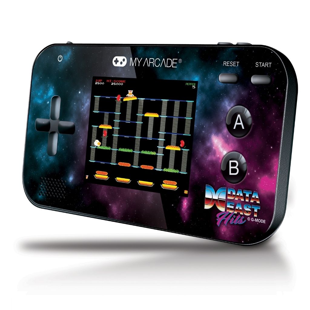 Handheld gaming console with retro game display on a white background