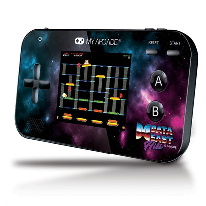 Handheld gaming console with retro game display on a white background