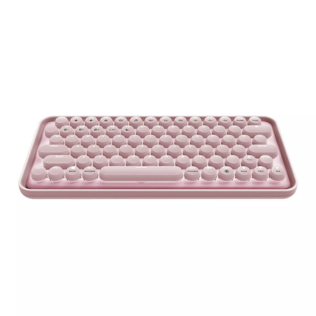 Pink silicone ice cube tray on a white background