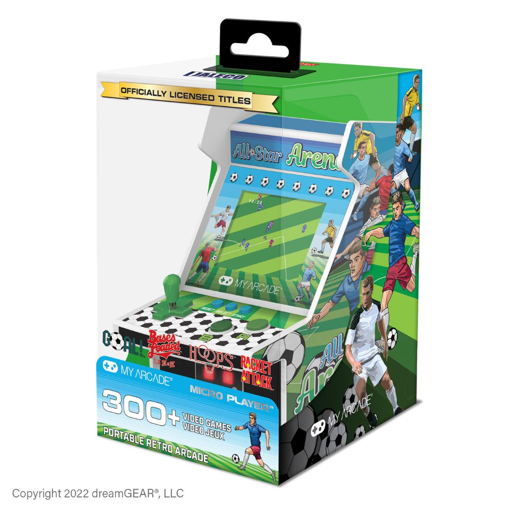 Portable retro arcade machine with soccer-themed packaging on a white background