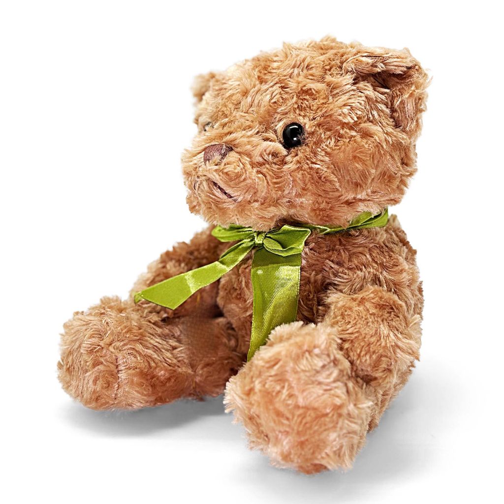 Brown teddy bear with a green bow on a white background