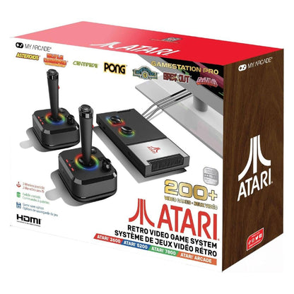 Atari retro gaming system packaging with controllers and console on a white background