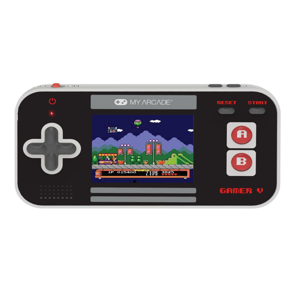 Handheld gaming console with screen displaying a classic game, branded 'My Arcade'.