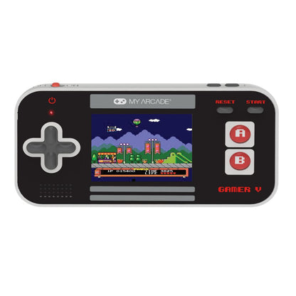 Handheld gaming console with screen displaying a classic game, branded 'My Arcade'.