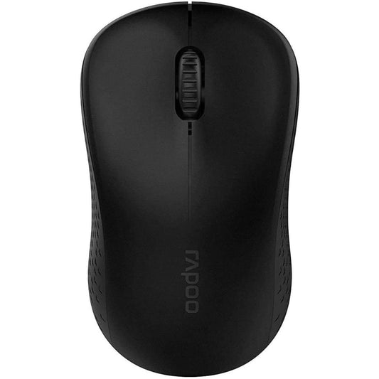 Black computer mouse with Rapoo logo on a white background