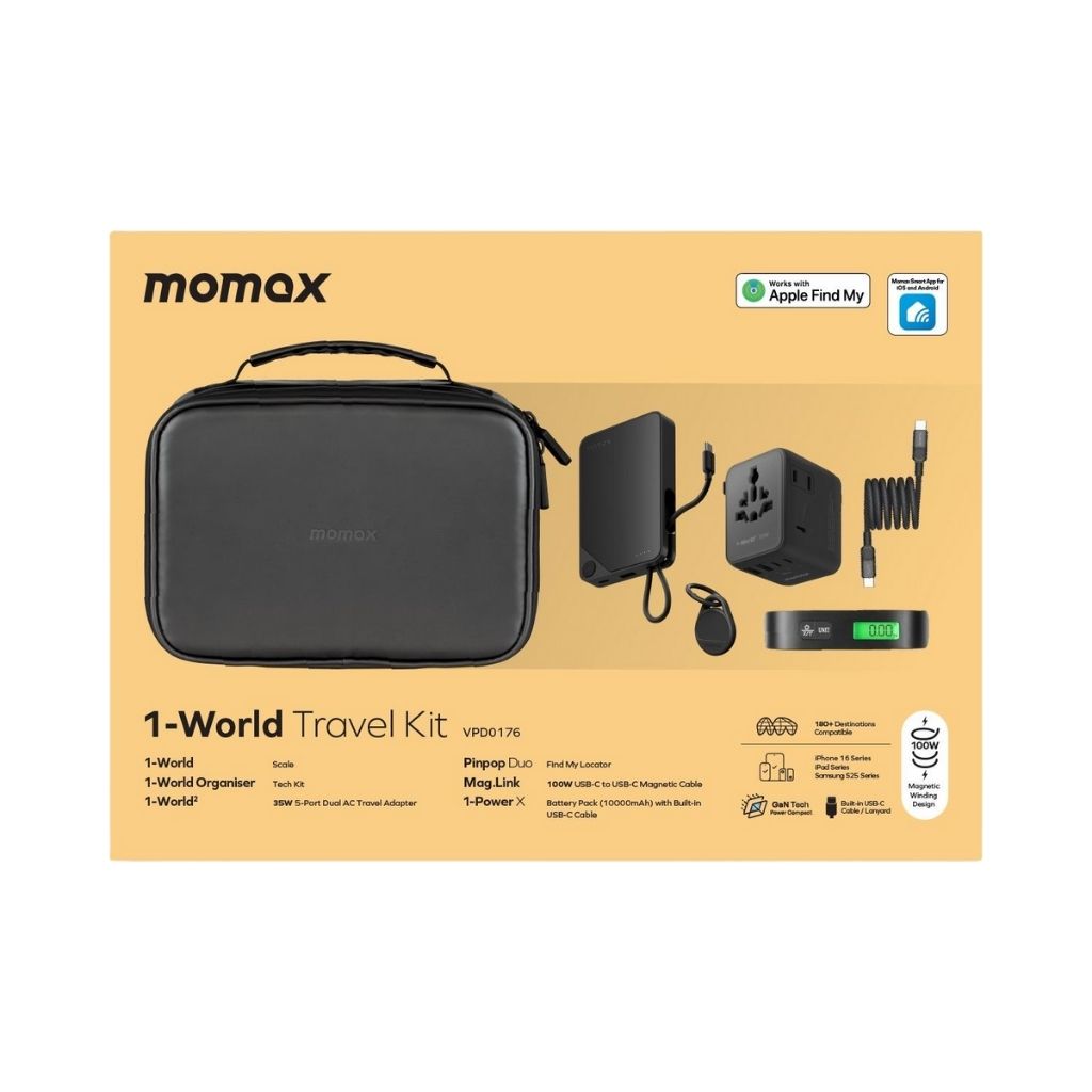 Momax 1-World Travel Essential Kit – 35W Adapter, 10K Power Bank, Cable, Tracker, Weighing Scale & Pouch