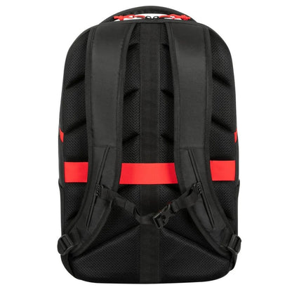 Black backpack with red accents on a white background