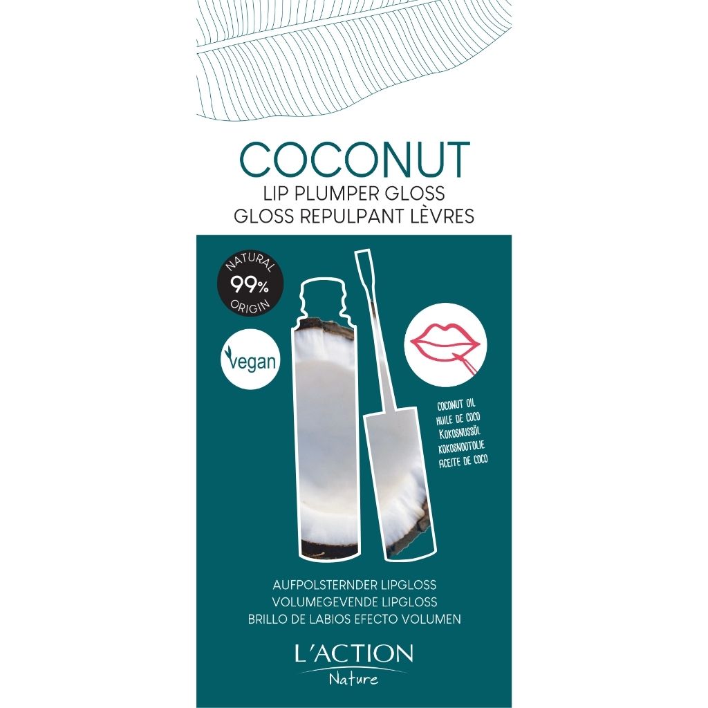 Coconut lip plumper gloss packaging with L'Action Nature branding on a white background
