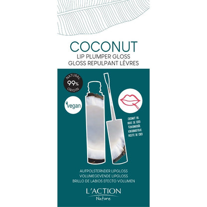 Coconut lip plumper gloss packaging with L'Action Nature branding on a white background