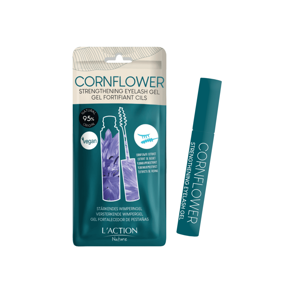 Cornflower strengthening eyelash gel packaging with a pen-like applicator on a white background