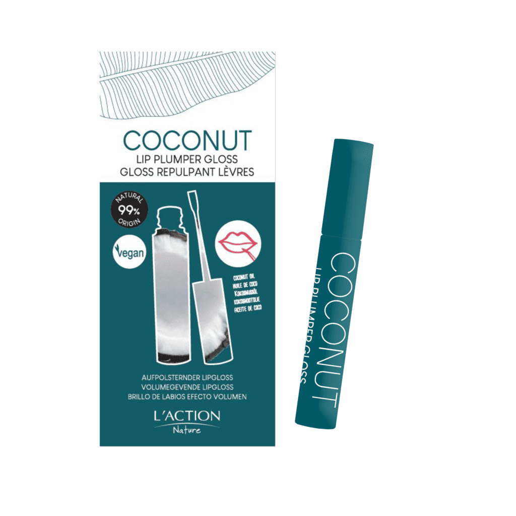 Coconut lip plumper gloss with packaging on a white background
