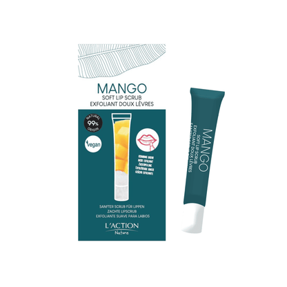 Mango soft lip scrub packaging with a tube and leaf illustration on a white background