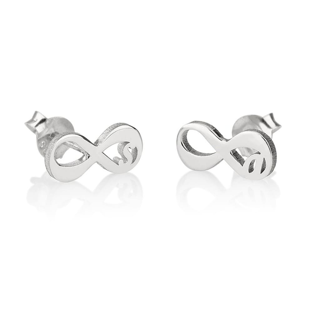 Silver infinity symbol earrings on a white background