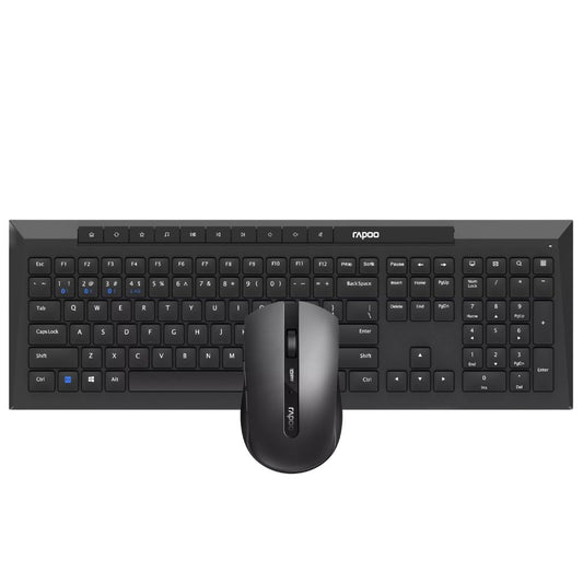 Black keyboard and mouse set with Rapoo branding on a white background