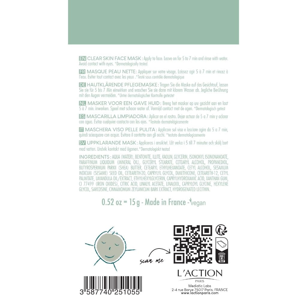 Back of a product packaging with text, QR code, and branding on a white background