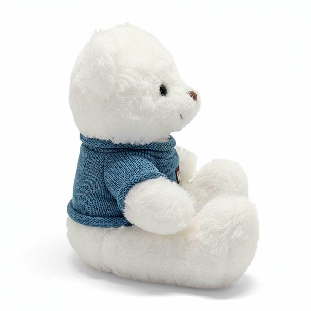 White teddy bear wearing a blue sweater on a white background