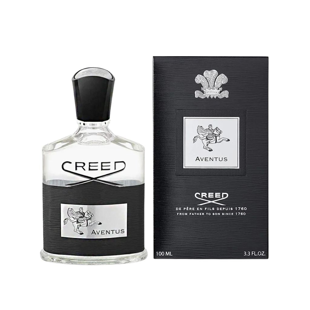 Creed Aventus perfume bottle and packaging on a white background