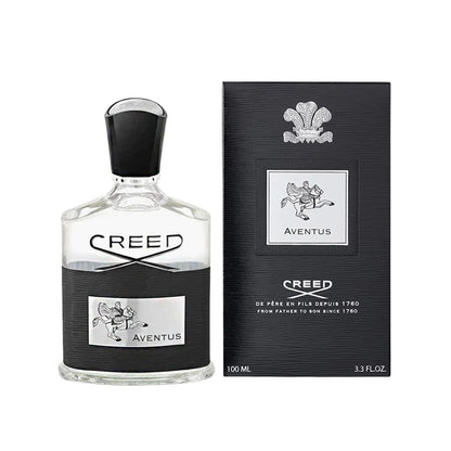 Creed Aventus perfume bottle and packaging on a white background