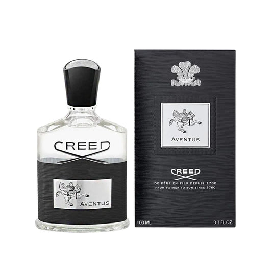 Creed Aventus perfume bottle and packaging on a white background