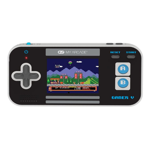 Handheld gaming console with screen displaying a classic game, branded 'My Arcade'.