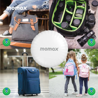 Collage of Momax products including bags, a suitcase, and a camera case.