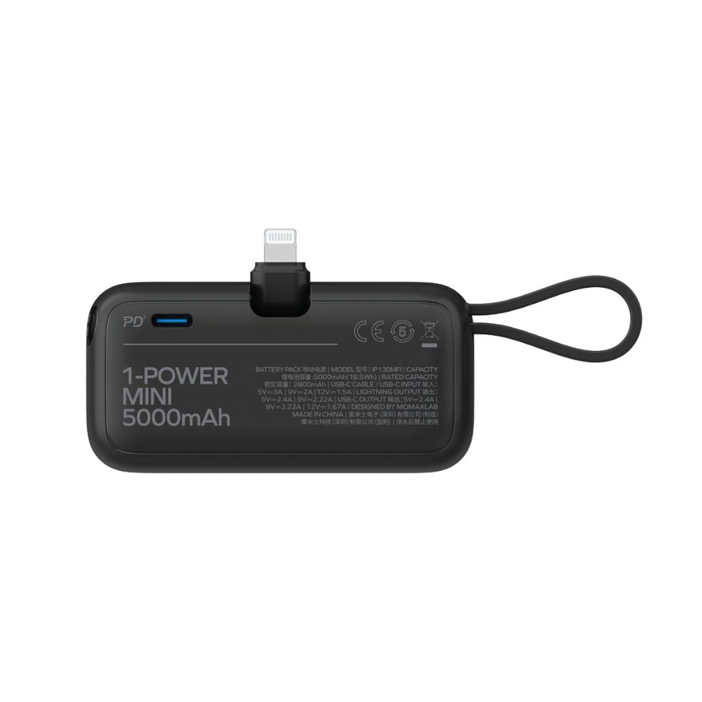 Black portable power bank with USB-C and Lightning connectors on a white background
