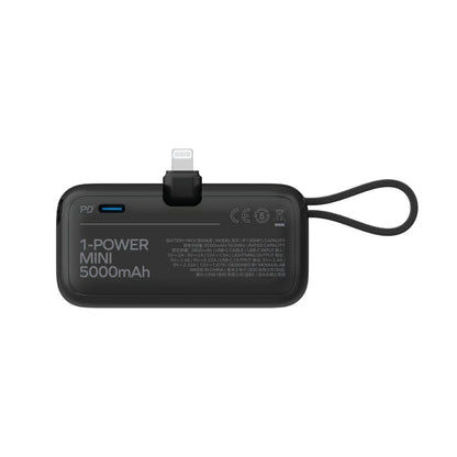 Black portable power bank with USB-C and Lightning connectors on a white background