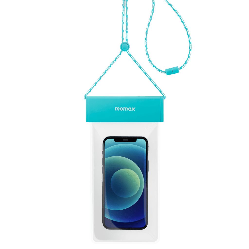 Clear phone pouch with teal top and lanyard on a white background