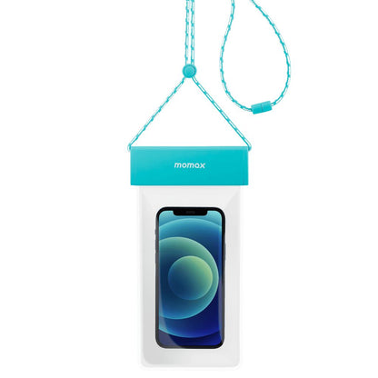 Clear phone pouch with teal top and lanyard on a white background