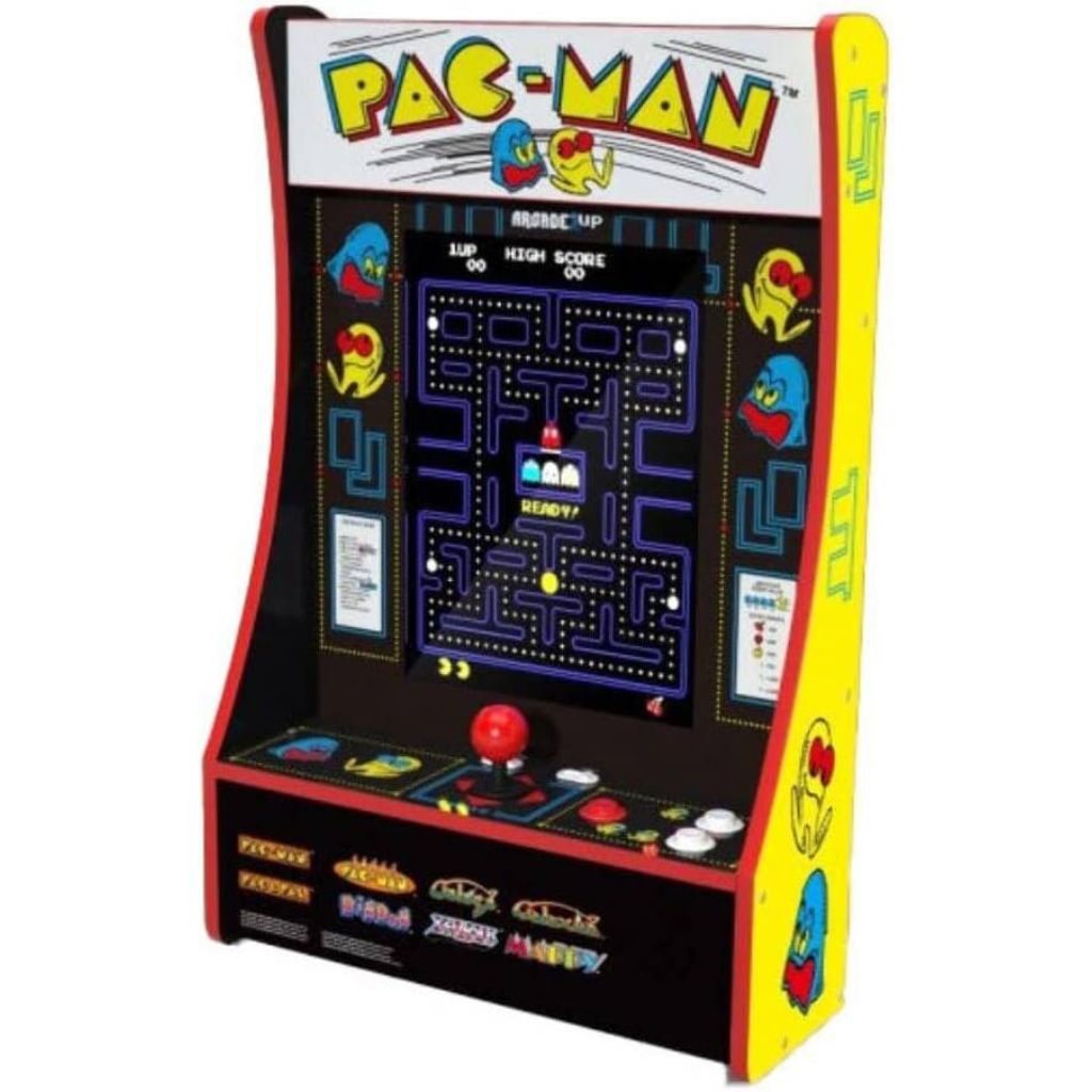 Pac-Man arcade machine with colorful design on a white background