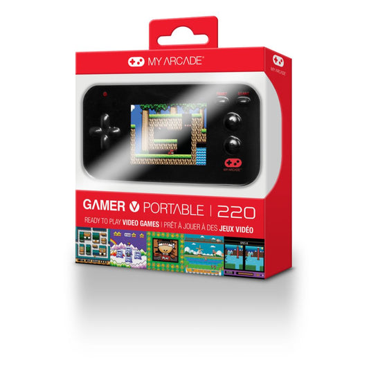 Portable gaming device packaging with 'My Arcade' branding on a white background