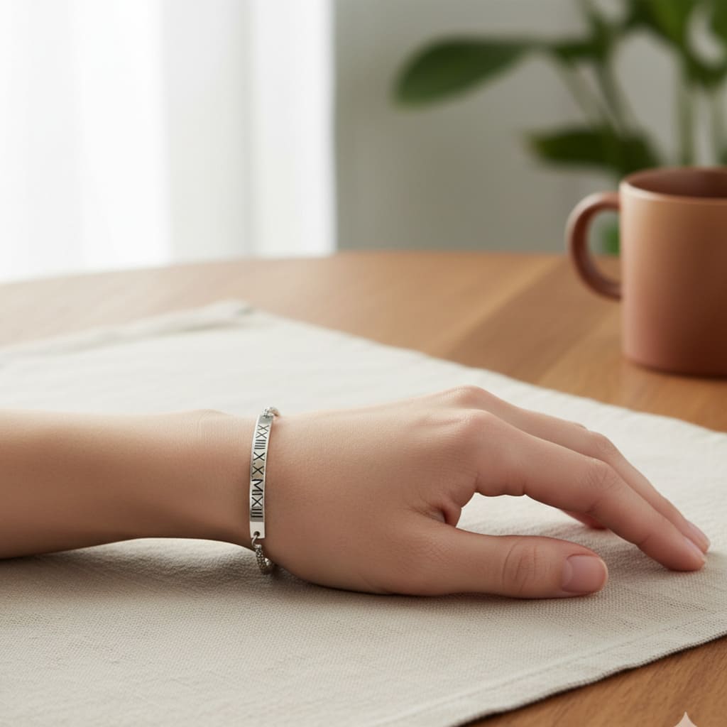 Hand wearing a bracelet on a table with a cup and plant in the background