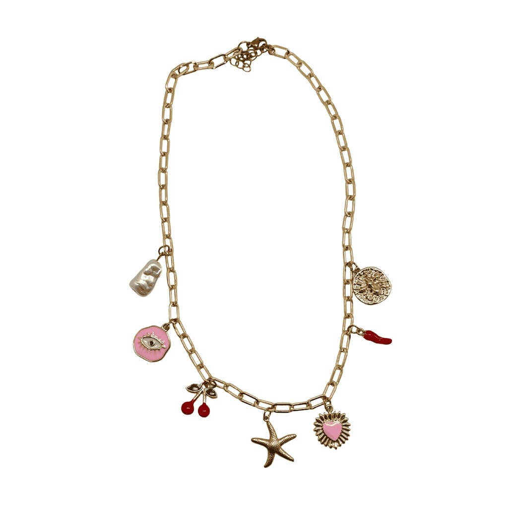 Gold chain necklace with various charms on a white background