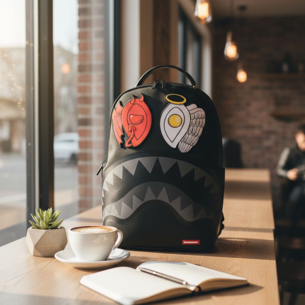 Black backpack with cartoon designs on a table with a cup of coffee and notebook.