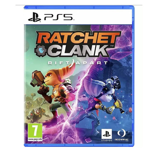 PlayStation 5 game case for 'Ratchet & Clank: Rift Apart' with characters and branding.
