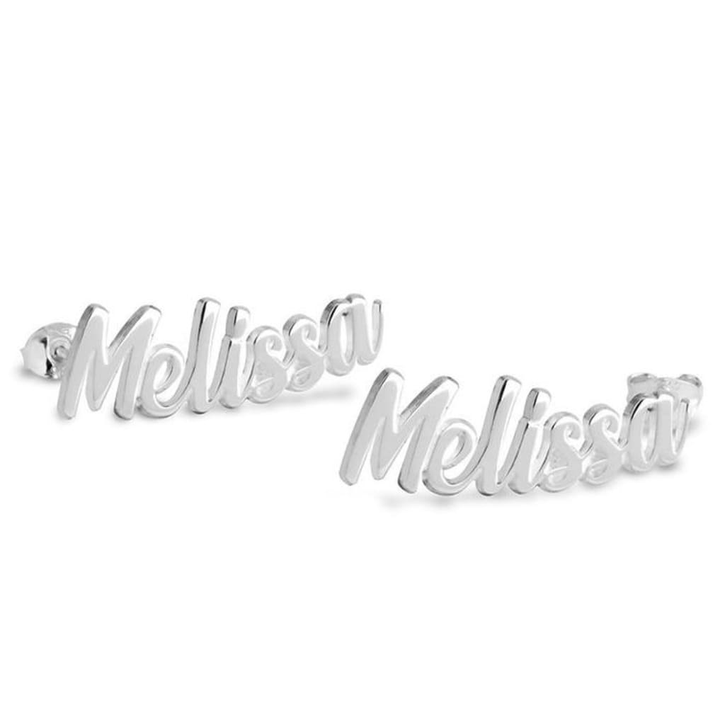 Silver 'Melissa' name earrings on a white background