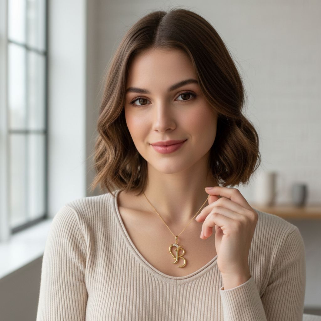 Woman wearing a gold necklace with a 'B' pendant indoors.